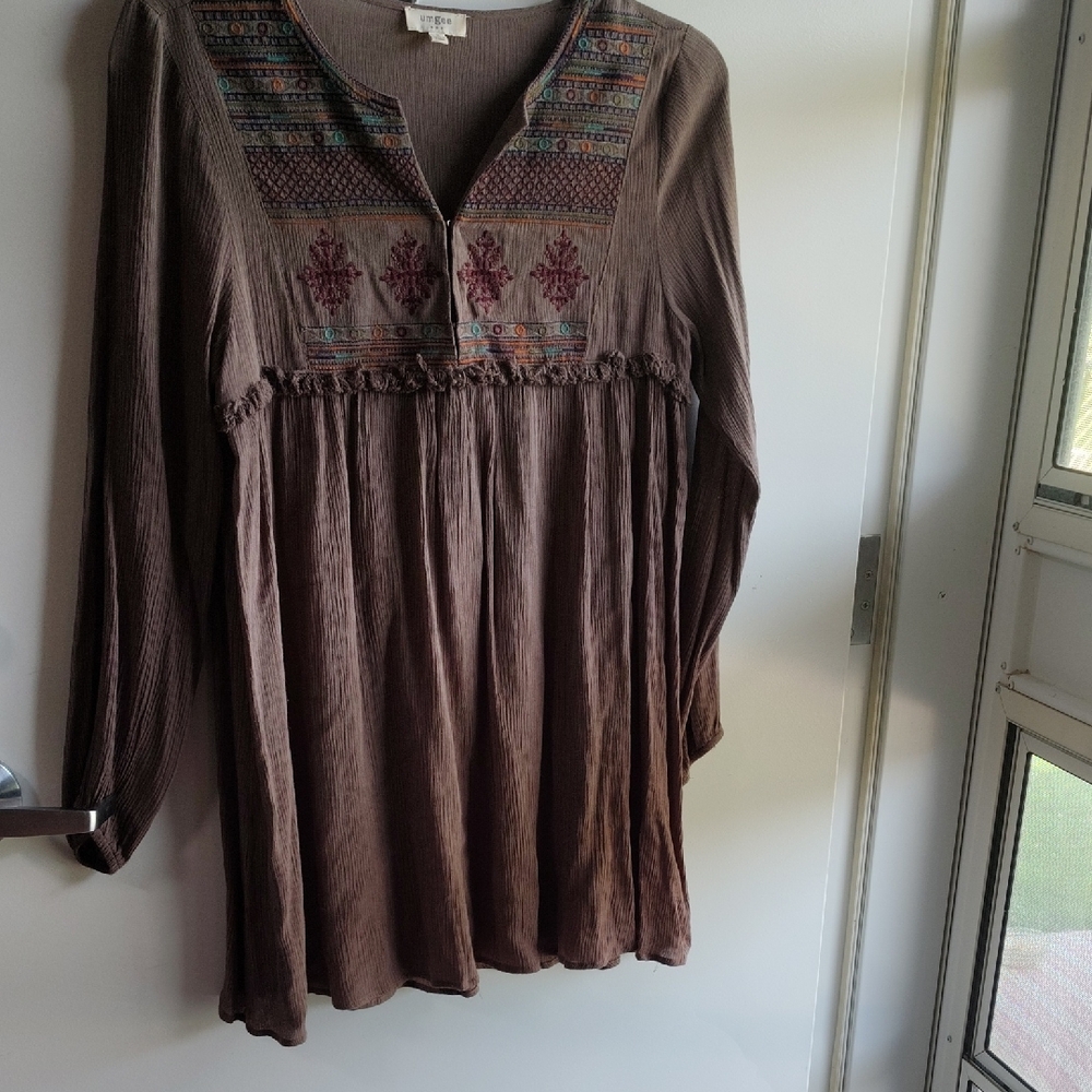 Umgee Brown Long Sleeve Dress with Embroidery
